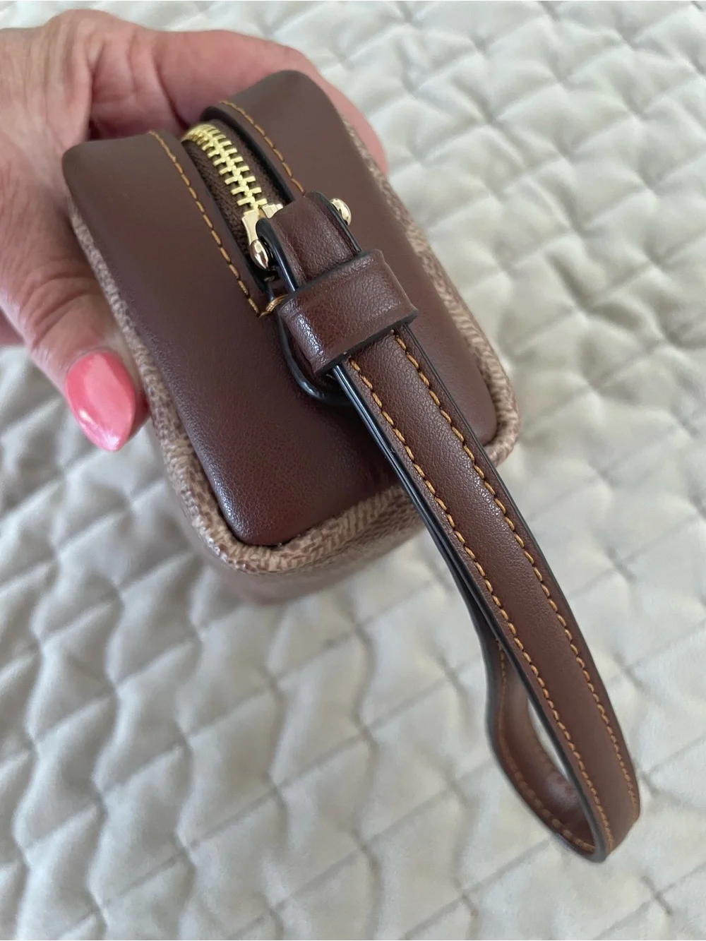 Coach Brown and Tan Interior Zip Pouch wristlet with Gold Hardware